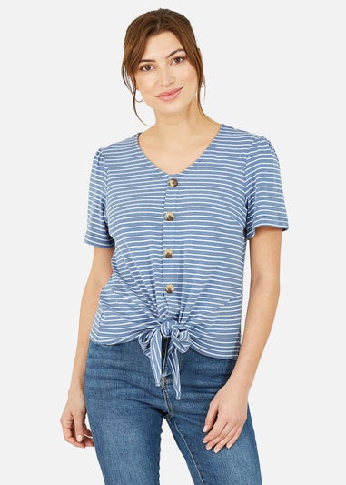 Yumi Blue Striped Jersey Button Detail Top