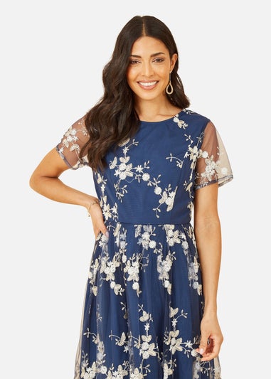 Yumi Navy Embroidered Floral Skater Dress