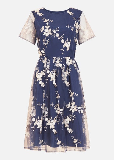 Yumi Navy Embroidered Floral Skater Dress