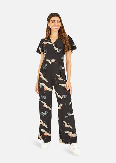 Yumi Black Crane Print Angel Sleeve Jumpsuit