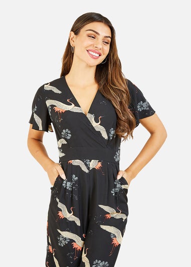 Yumi Black Crane Print Angel Sleeve Jumpsuit