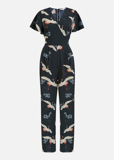 Yumi Black Crane Print Angel Sleeve Jumpsuit