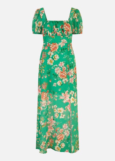 Yumi Green Floral Print Square Neck Maxi Dress With Split Hemline