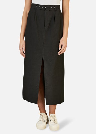 Yumi Black Cotton Midi Skirt With Belt And Split Hem