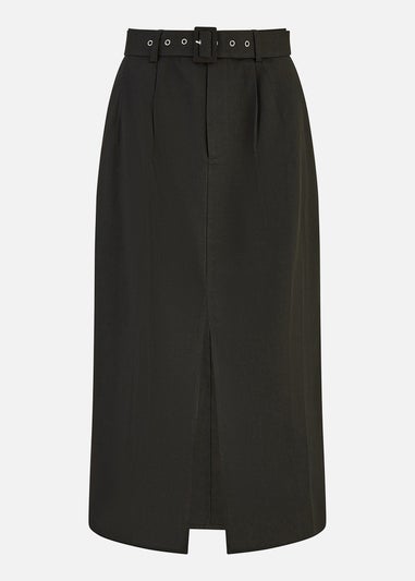 Yumi Black Cotton Midi Skirt With Belt And Split Hem