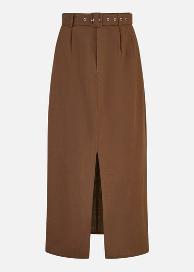 Yumi Brown Cotton Midi Skirt With Belt And Split Hem