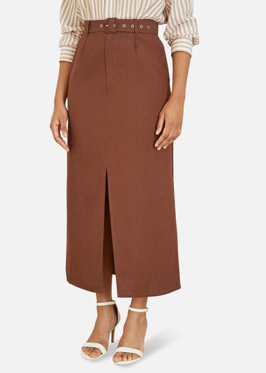 Yumi Brown Cotton Midi Skirt With Belt And Split Hem