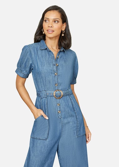 Yumi Blue Cotton Chambray Button Up Jumpsuit