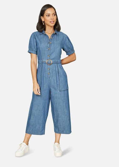 Yumi Blue Cotton Chambray Button Up Jumpsuit