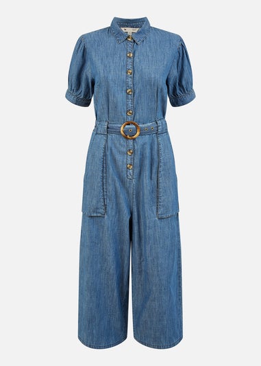 Yumi Blue Cotton Chambray Button Up Jumpsuit