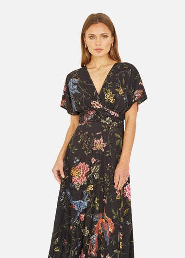 Yumi Black Viscose Bird and Floral Print Kimono Midi Dress