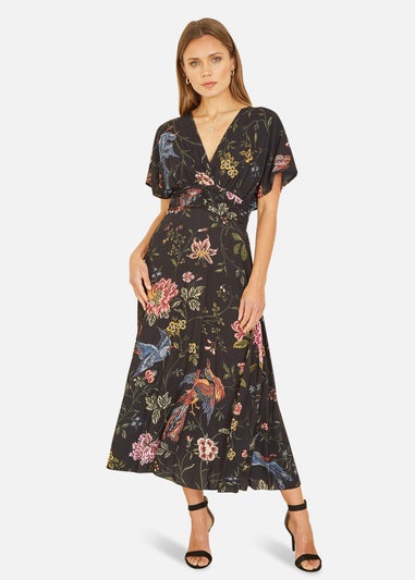 Yumi Black Viscose Bird and Floral Print Kimono Midi Dress - Matalan