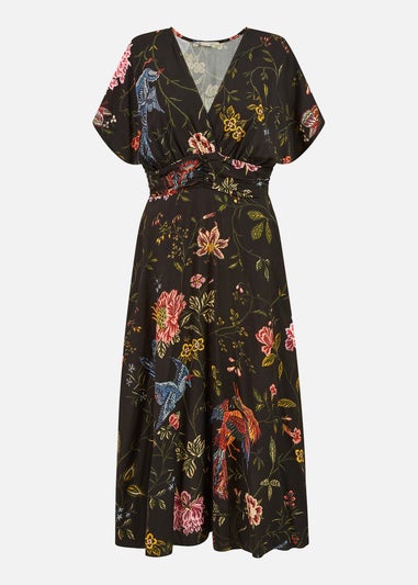 Yumi Black Viscose Bird and Floral Print Kimono Midi Dress