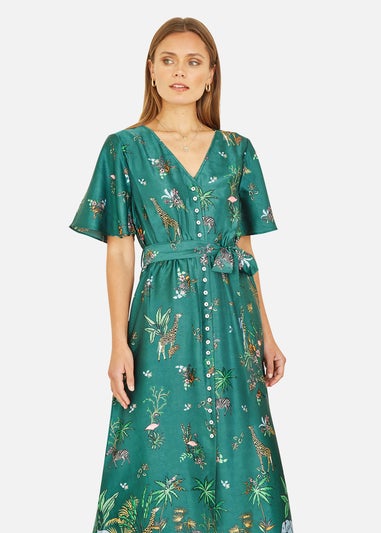 Yumi Green Satin Animal Safari Print Midi Shirt Dress