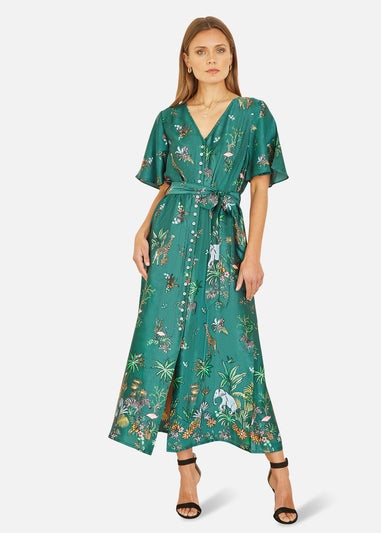 Yumi Green Satin Animal Safari Print Midi Shirt Dress