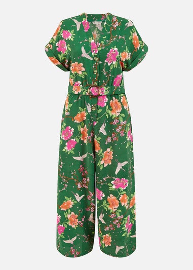 Yumi Green Recycled Crane Print Jumpsuit With Matching Belt