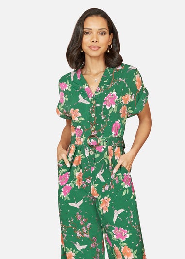 Yumi Green Recycled Crane Print Jumpsuit With Matching Belt