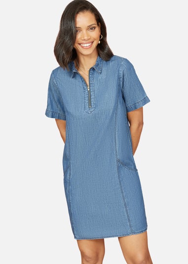 Yumi Blue Cotton Chambray Tunic With Zip Neckline