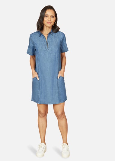 Yumi Blue Cotton Chambray Tunic With Zip Neckline