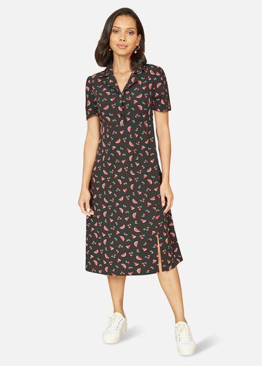 Yumi Black Recycled Watermelon Print Shirt Dress With Side Split