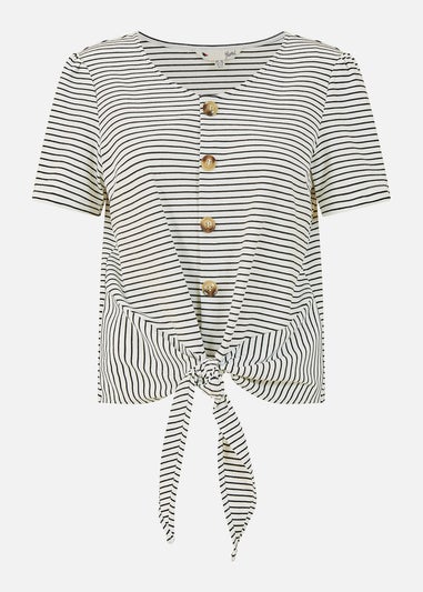 Yumi White Striped Jersey Button Detail Top