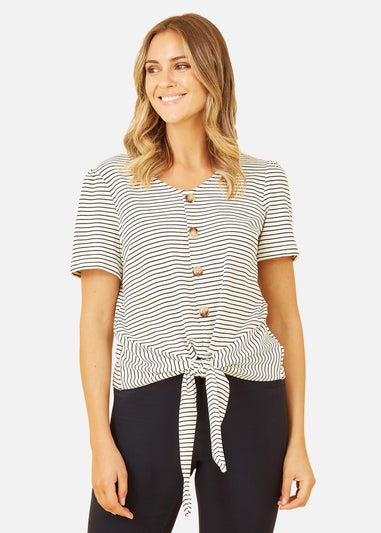 Yumi White Striped Jersey Button Detail Top