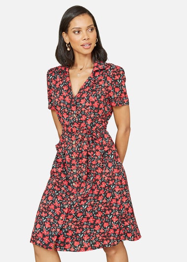 Yumi Red Poppy Print Retro Shirt Dress