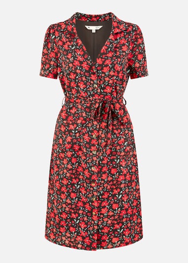 Yumi Red Poppy Print Retro Shirt Dress