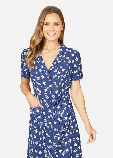 Yumi Navy Daisy Print Retro Shirt Dress