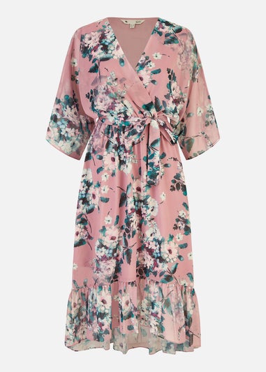 Yumi Pink Floral Kimono Dipped Hem Dress