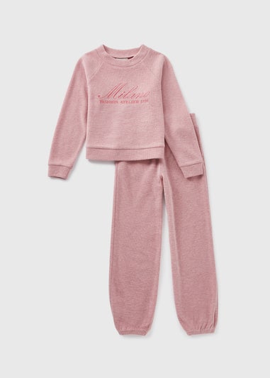 Girls Pink Soft Ribbed Sweatshirt & Jogging Bottom Set (7-15yrs)