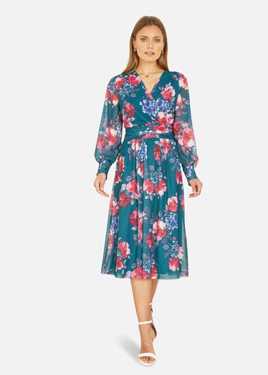 Yumi Green Floral Print Stretch Mesh Dress With Pockets