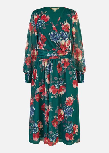 Yumi Green Floral Print Stretch Mesh Dress With Pockets