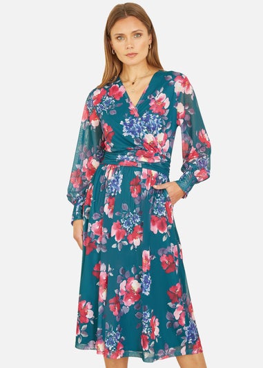 Yumi Green Floral Print Stretch Mesh Dress With Pockets