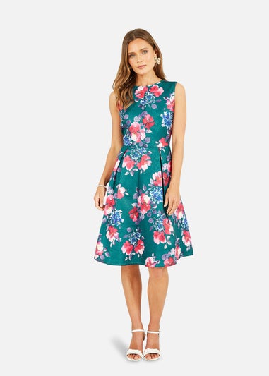 Yumi Green Jacquard Winter Floral Skater Dress