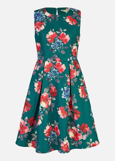 Yumi Green Jacquard Winter Floral Skater Dress