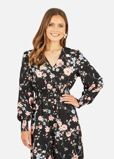 Yumi Black Blossom Floral Print Ruched Long Sleeves Midi Dress