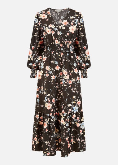 Yumi Black Blossom Floral Print Ruched Long Sleeves Midi Dress