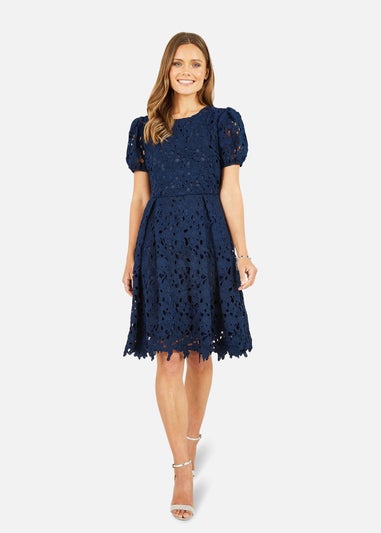 Yumi Navy Lace Skater Dress With Puff Sleeves