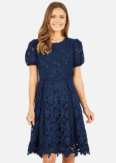 Yumi Navy Lace Skater Dress With Puff Sleeves