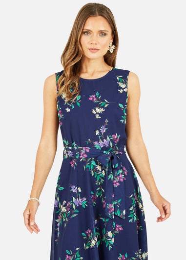 Yumi Navy Floral Print Midi Skater Dress