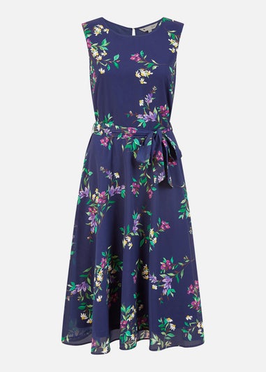 Yumi Navy Floral Print Midi Skater Dress