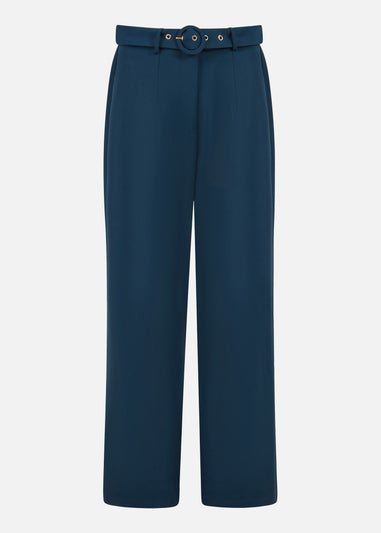 Yumi Navy Straight Leg Crepe Trousers With Belt