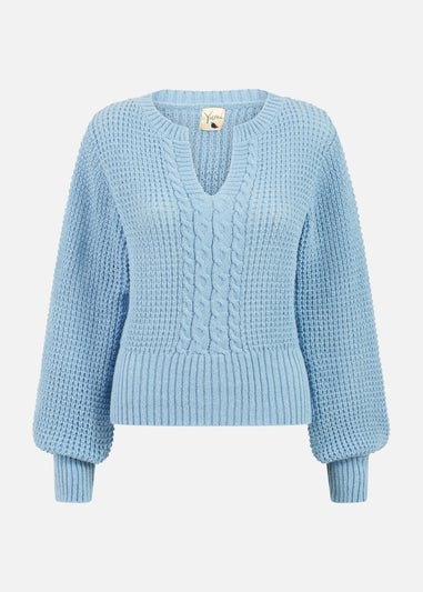 Yumi Blue Balloon Sleeve Cable Knit V Neck Jumper