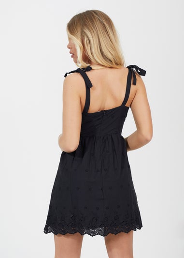 Brave Soul Black Cotton V-Neck Broderie Detail Dress