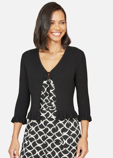 Yumi Black Tie Up Ribbed Cardigan With Frill Hem