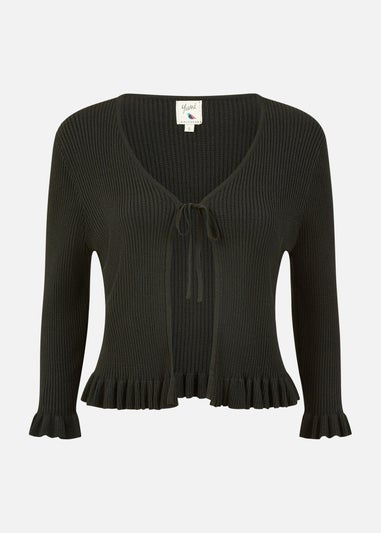 Yumi Black Tie Up Ribbed Cardigan With Frill Hem