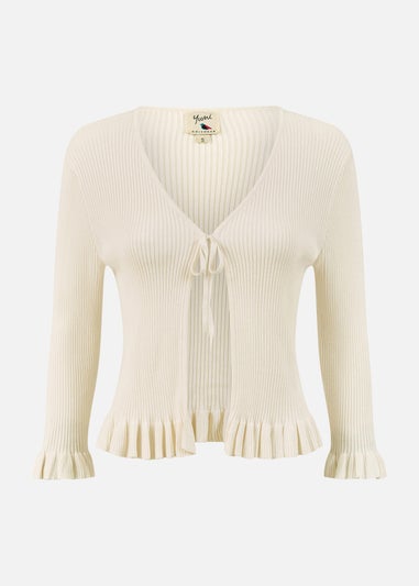 Yumi Ivory Tie Up Ribbed Cardigan With Frill Hem