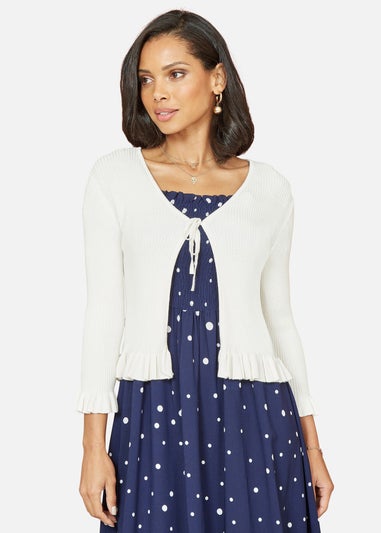 Yumi Ivory Tie Up Ribbed Cardigan With Frill Hem