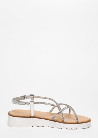 Quiz Silver Diamante Cross Strap Flatform Sandals